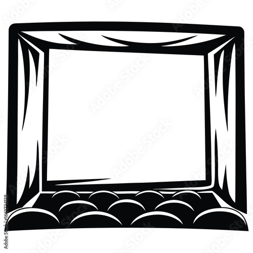 Monochrome cinema screen with closed curtains and empty seating space