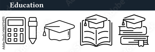 Education icon set featuring book, graduation cap, diploma, and learning symbols. Vector outline style illustration, perfect for university, college, student, classroom, and training concepts