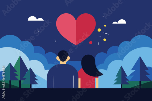 A couple gazing at a heart in the sky, surrounded by clouds and trees, symbolizing love and romance in a dreamy and imaginative landscape