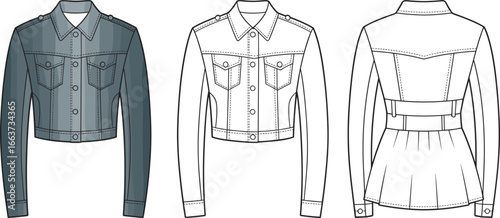 Denim cropped jacket fashion flat, CAD drawing of front and back view, technical sketch vector, stylish pleated design