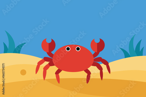 A cute cartoon crab on a sandy beach, , representing summer, sea life, and fun in the sun