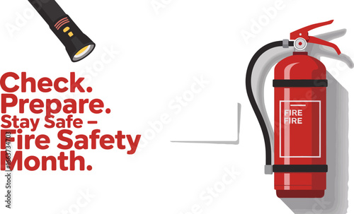 Fire Safety Preparedness: Emphasizing a crucial message with a red fire extinguisher, promoting a month dedicated to awareness, Check, Prepare, Stay safe.