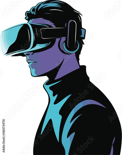 Immersed in the Digital World: A person wearing a sleek VR headset, fully engrossed in an augmented digital realm, capturing the intersection of innovation and human interaction.