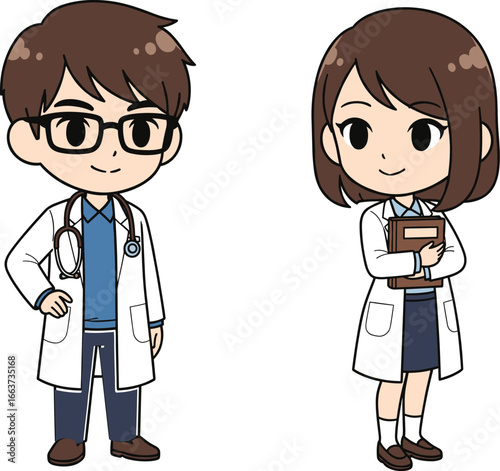 Cartoon medical professionals male and female characters in white lab coats with stethoscope and book, healthcare vector illustration