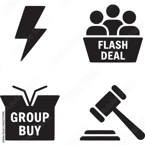 Art of set of four black icons representing flash deal, group buy, lightning bolt, and auction gavel