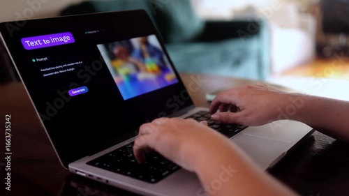 Generative artificial intelligence creating image from text prompt on laptop – AI technology innovation