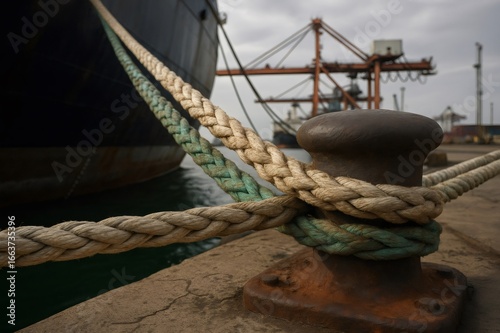 Thick mooring ropes tied around a bollard, securing a large ship to the dock in a bustling industrial harbor