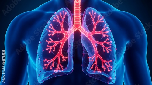 Human Lungs With Red Bronchial Tree And Blue Body Outline