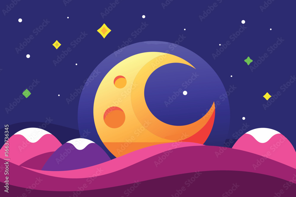 Fototapeta premium Abstract landscape with crescent moon and stars over pink and purple hills, creating a dreamy and vibrant night scene with a fantasy feel