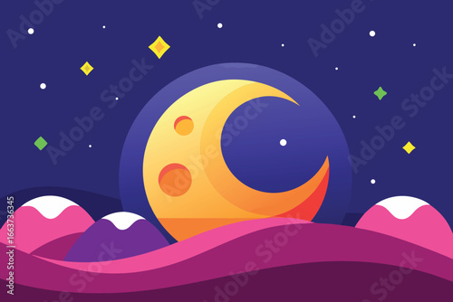 Abstract landscape with crescent moon and stars over pink and purple hills, creating a dreamy and vibrant night scene with a fantasy feel
