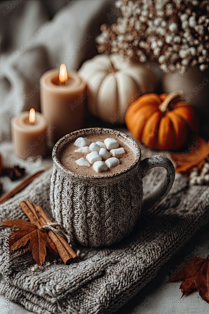 Fototapeta premium Autumn still life. A mug with cocoa and marshmallows, pumpkin candles, a knitted sweater, cinnamon sticks and autumn leaves on a light background.