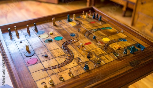 A detailed wooden  board, showcasing colorful  pieces and a snakes and ladders design, sits on a table.