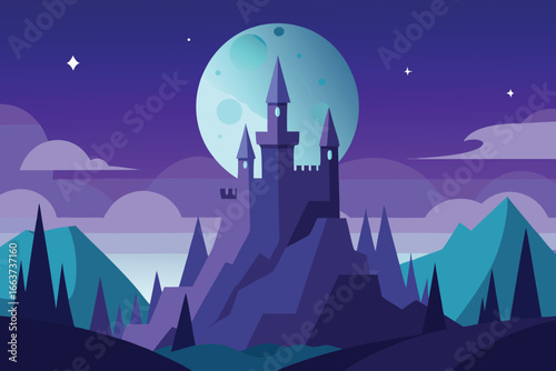 A majestic castle perched atop a mountain under a full moon and starry sky, creating a magical and enchanting atmosphere in the night