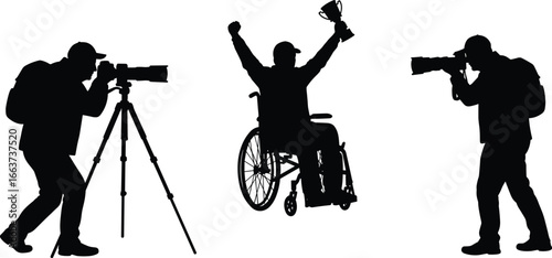 CAD Disabled man celebrating with trophy, wheelchair winner, photographers capturing victory moment, disability success, sports achievement, media coverage, inspiration, empowerment