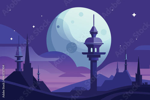 A captivating cityscape at night featuring towering structures silhouetted against a giant moon and twinkling stars, creating a dreamy and futuristic scene