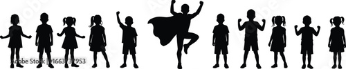 Diverse children silhouettes standing together with superhero pose,unity, imagination, playful concept, educational theme