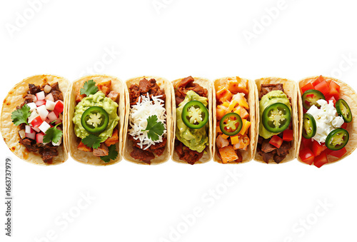 Assorted tacos of different flavors top view isolated on transparent background