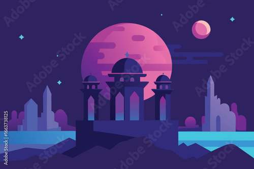 A serene cityscape featuring a majestic mosque silhouetted against a vibrant moonlit sky, creating a peaceful and enchanting scene with a touch of magic