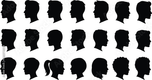 Diverse collection of human head silhouettes in profile view, featuring various hairstyles for men and women, isolated on white background, representing anonymity and identity for design projects.
