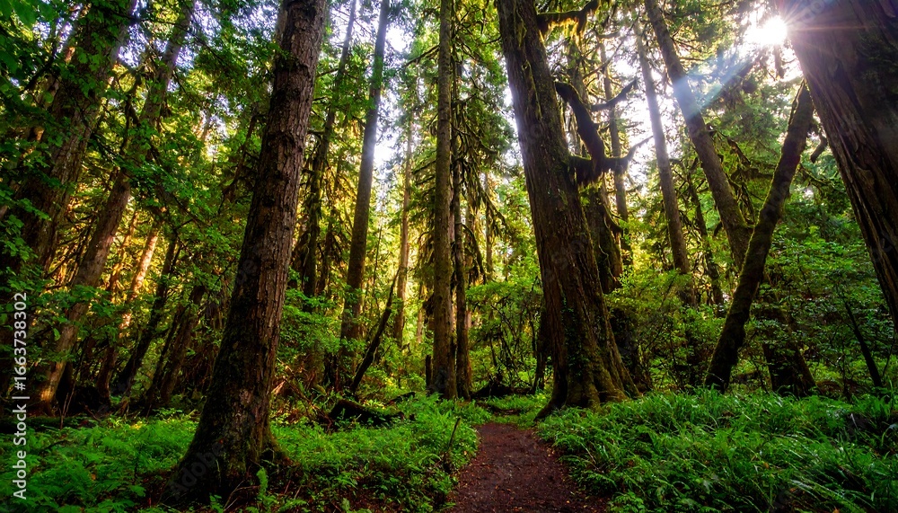 Naklejka premium Lush Rainforest Trail Sunlight Filters Through Canopy Trees.