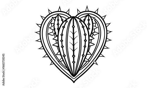 Decorative Cactus Heart t shirt vector silhouette and line art design, high-quality outline illustration, creative coloring artwork, calming activity, printable art therapy drawing.