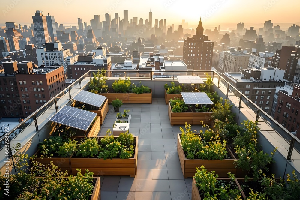 Fototapeta premium rooftop garden with solar panels overlooking urban skyline at sunrise