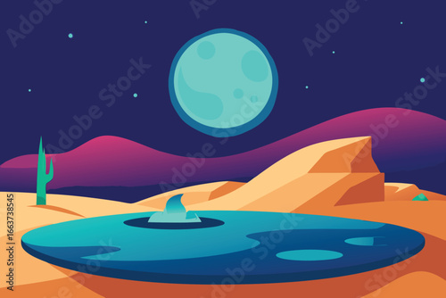 A surreal desert oasis under a luminous moon, featuring a shark fin emerging from the water, set against a backdrop of cacti and rolling dunes