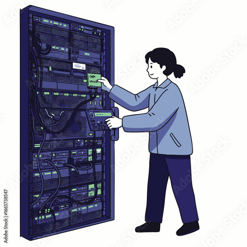 A skilled technician meticulously adjusts connections within a complex server rack, ensuring optimal performance and system integrity in a modern computing environment.