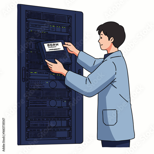 A male IT technician is performing maintenance and system checks on a data server rack in a modern data center environment.