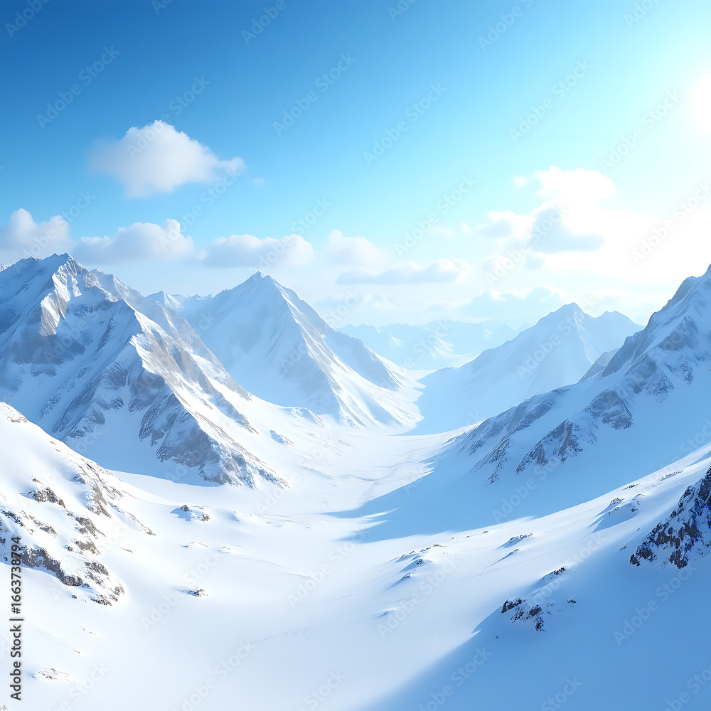 Obraz premium Majestic winter mountain landscape with snow-covered peaks under a vast sky, a panoramic view of the cold alpine nature