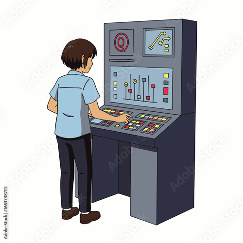 A focused individual meticulously operates a sophisticated, retro-futuristic control panel adorned with numerous buttons, switches, and illuminated screens, managing complex systems.