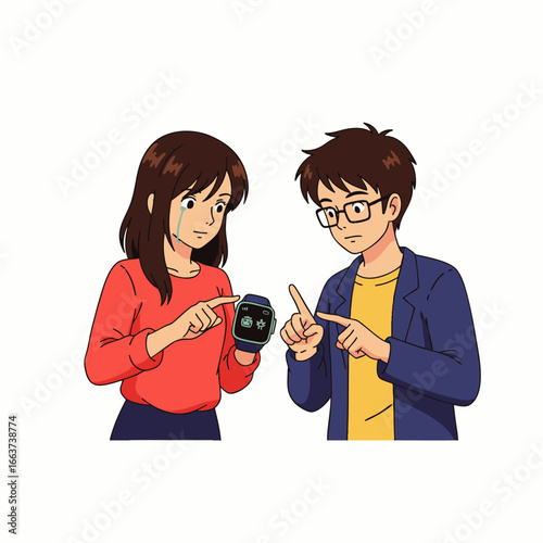 A distressed woman points at her smartwatch screen while a concerned man gestures, suggesting a technical problem or an emotional reaction to digital information.