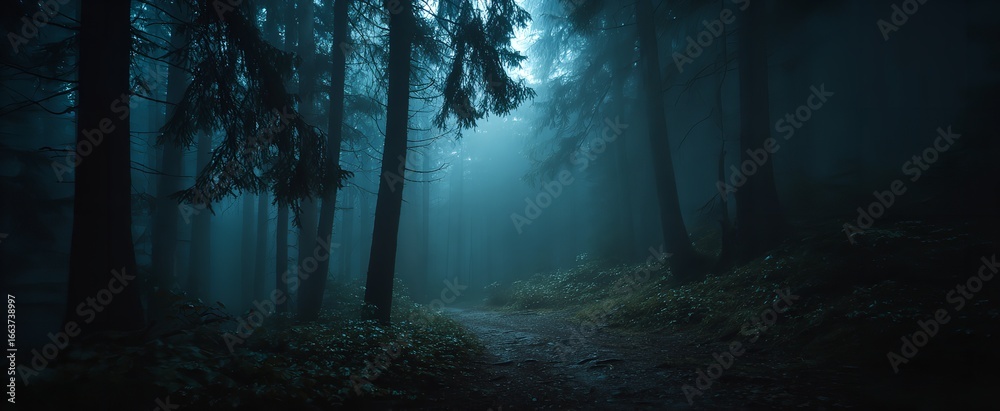 Fototapeta premium Dark forest at night with moonlit path and fallen leaves, mysterious woodland trail leading into eerie darkness with atmospheric beauty