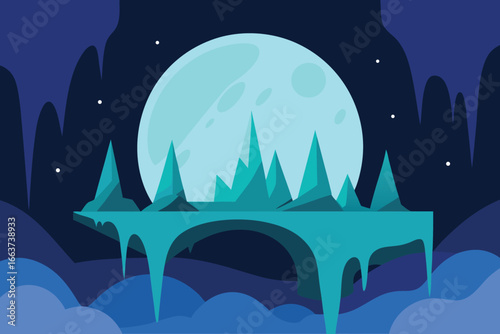 A dreamy blue fantasy landscape showcasing a floating island with jagged peaks under a large moon and starry night sky, evoking a sense of mystery