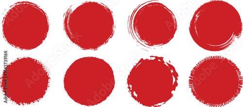 Collection of hand painted brush stroke circles in black and red, offering abstract grunge textures, zen inspired imperfect round symbols, and Japanese cultural design motifs.