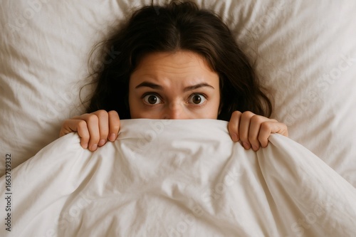 Girl hiding her face with a blanket, feeling overwhelmed by anxiety and fear while lying in bed, battling inner turmoil and distress