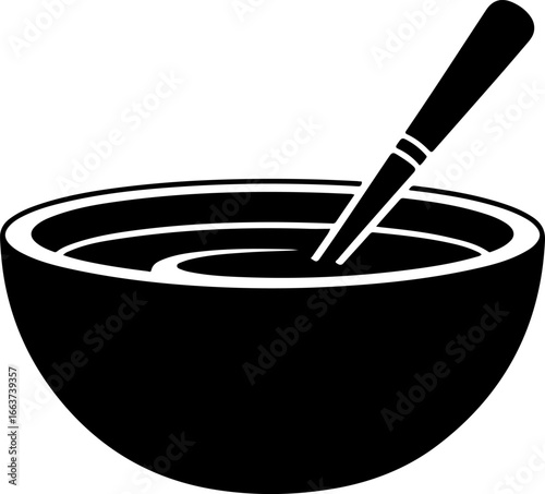 Black vector silhouette of a Korean stone bowl (dolsot) with spoon, isolated on white