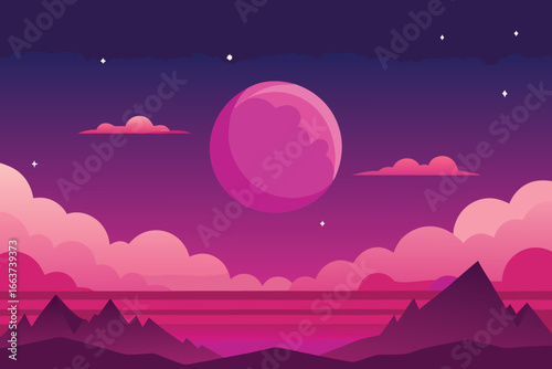 A captivating vector illustration of a pink moon over a dreamy landscape, with mountains, clouds, and stars in a purple night sky, creating a romantic scene