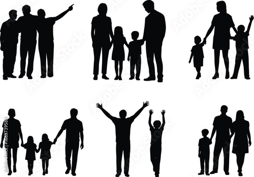 Diverse vector silhouettes of family and friend groups, featuring parents, children, and adults, standing, walking, and celebrating together, isolated on a white background.
