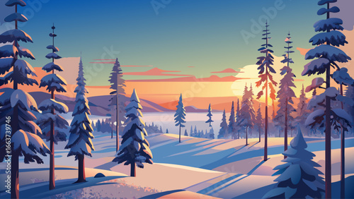 Photo of a snowy panoramic landscape at sunset, frozen trees in Saariselka, Lapland, Finland, winter snow scene web banner