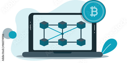 Blockchain Technology Illustration with Bitcoin Icon, Cryptocurrency Network, Digital Finance Concept