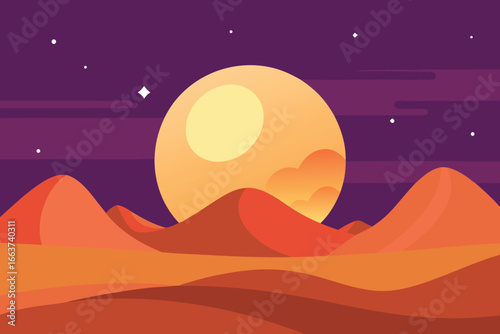 Vector illustration of a desert landscape with moon, stars and dunes, perfect for backgrounds, banners, cards and other designs with warm colors
