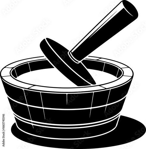 Black silhouette vector illustration of a traditional wooden rice pounder, featuring a mortar and pestle for food preparation on a clean white background