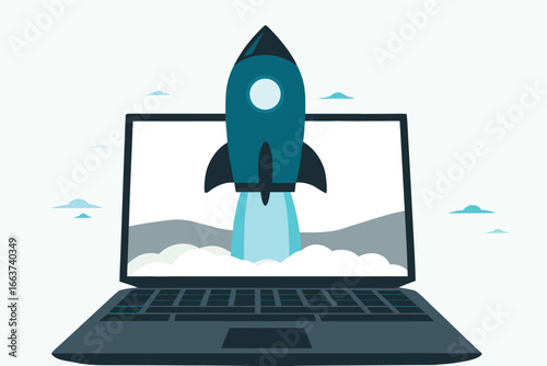 Rocket Startup Business Concept, Laptop Launch Illustration, Technology Development, Future Growth and Innovation.