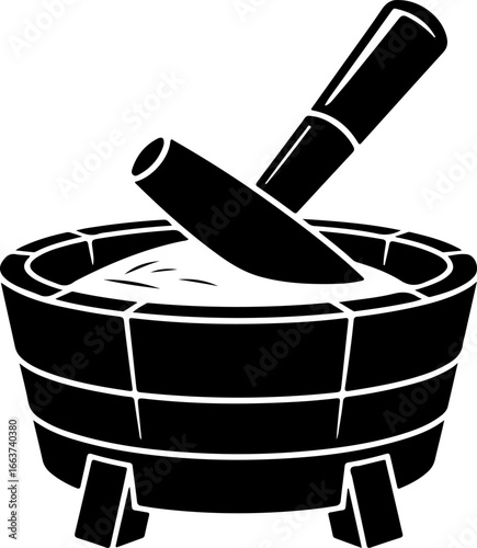 Black silhouette vector of a wooden rolling board with a traditional rolling pin, an essential kitchen utensil for making dough