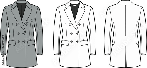 Double-breasted blazer coat CAD drawing, flat vector illustration, women’s tailored jacket front and back view, fashion apparel design template