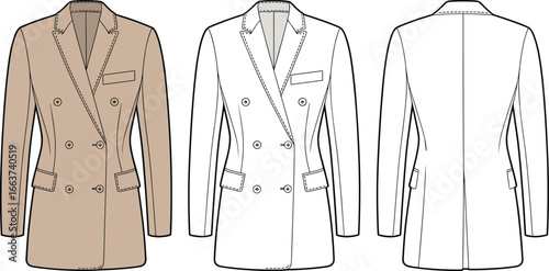 Double-breasted blazer jacket CAD drawing, men's tailored coat flat vector illustration, front back views, fashion apparel design template mockup