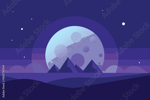 A mystical night landscape with a large moon rising behind the mountains, casting a serene and dreamy glow over the scene, creating a peaceful atmosphere