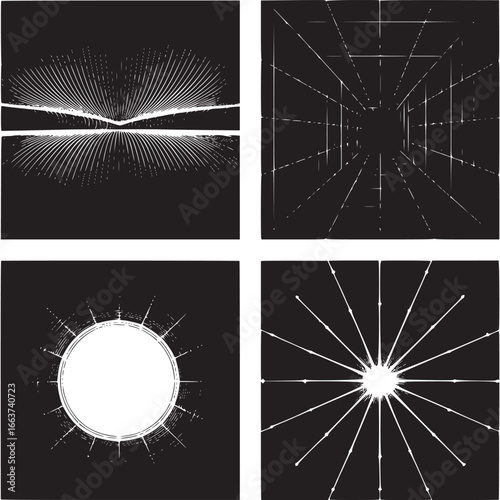 Art of abstract geometric patterns with lines creating perspective tunnels and radial designs, evoking a sense of digital space and futuristic movement