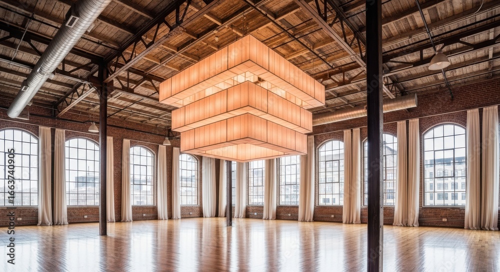 Fototapeta premium Spacious Loft Studio with Large Tiered Chandelier and Ample Natural Light